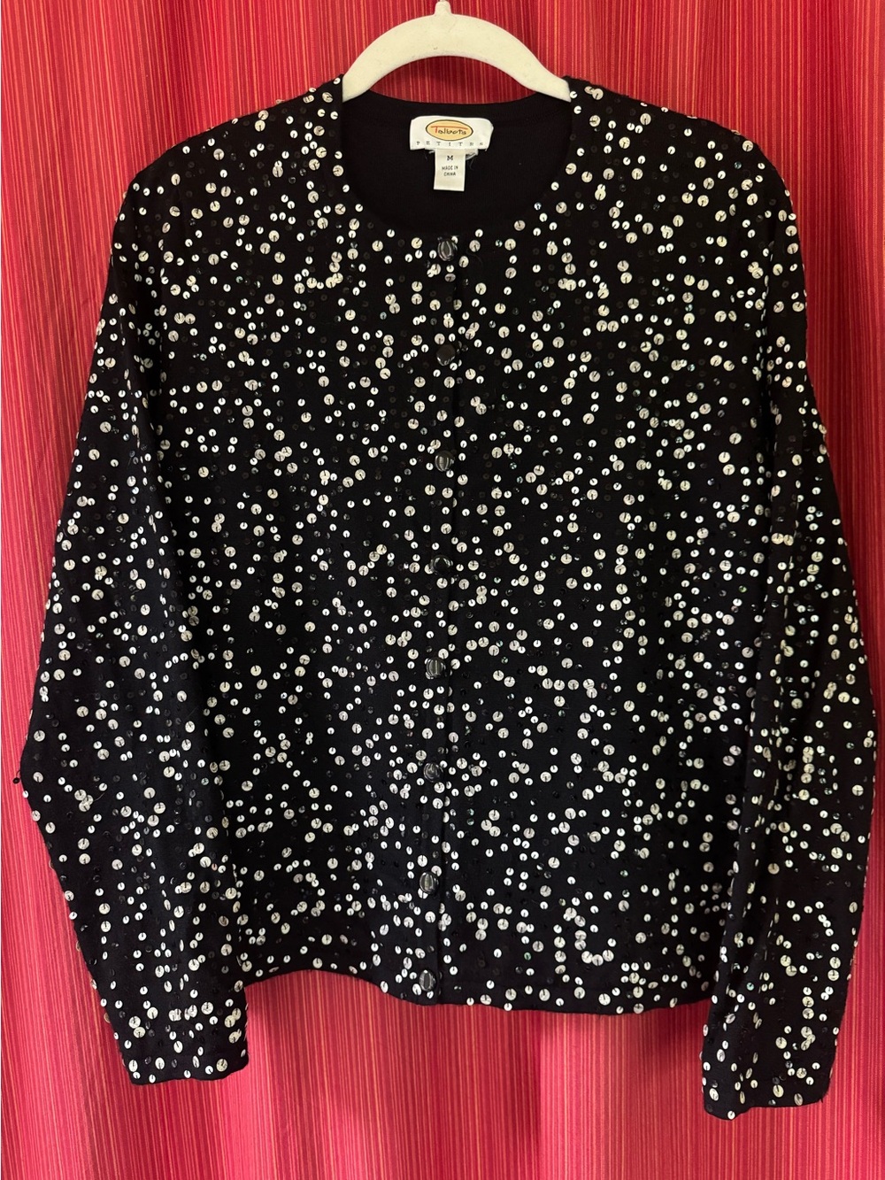 Talbots Merino Blend Black Sequin-Embellished Holiday Cardigan Medium Petite